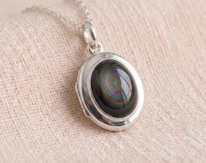 Featured listing image: Personalised Rainbow Obsidian Engraved Photo Locket Necklace in Sterling Silver