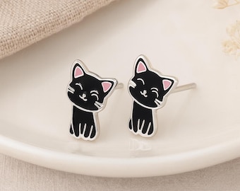 Black Cat Stud Earrings • Sterling Silver Enamel Cat Jewellery • Cute Gift for Her or Kids • Animal Studs • Fun Everyday Earrings •