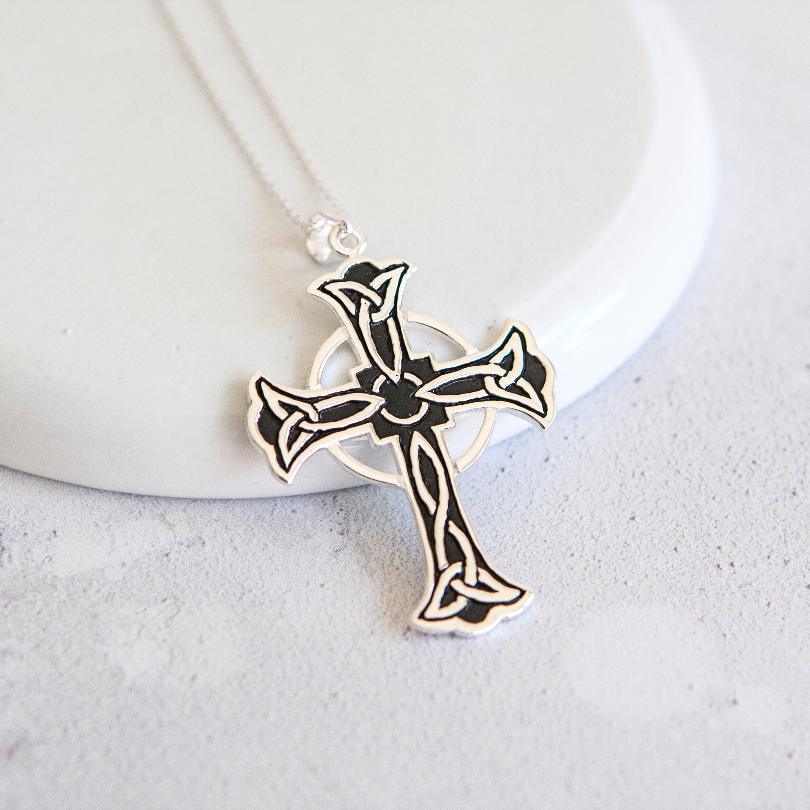 long cross necklace Solid sterling silver celtic cross necklace with turquoise unisex jewelry