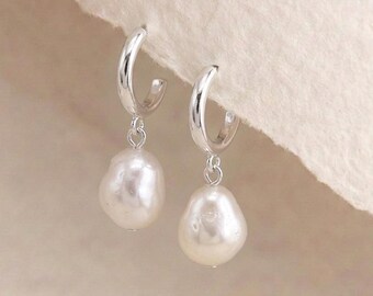White Freshwater Pearl Open Hoop Drop Earrings in Sterling Silver