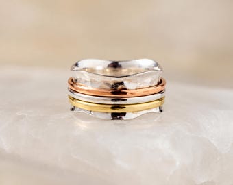 Personalised Brass & Copper Triple Spinner Ring in Sterling Silver