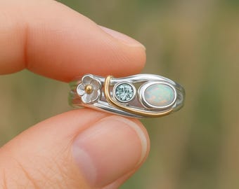 Molten Sterling Silver Blue Topaz and White Opal Flower Ring