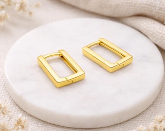 Gold Plated Sterling Silver Rectangle Huggie Hoop Earrings – 15mm x 9mm