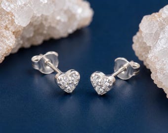 Tiny Heart Stud Earrings In Sterling Silver With Cubic Zirconia