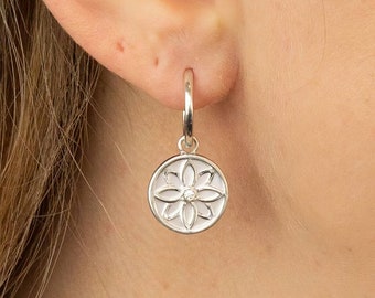 Sterling Silver Huggie Hoop Earrings With Flower Charm