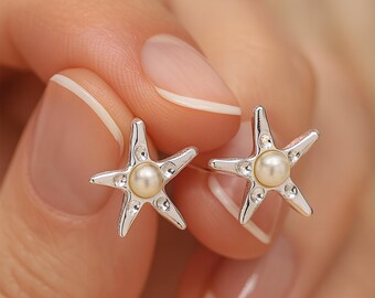 Sterling Silver Pearl Starfish Stud Earrings