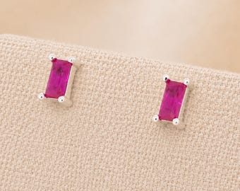 Sterling Silver Faceted Ruby Baguette Stud Earrings