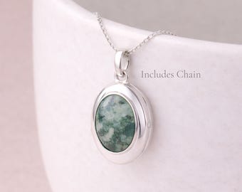 Personalised Sterling Silver Moss Agate Gemstone Photo Locket Necklace