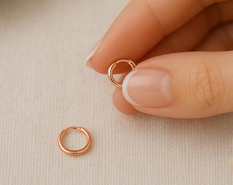 Mini 18ct Rose Gold Sterling Silver Huggie Sleeper Hoop Earrings, 10mm