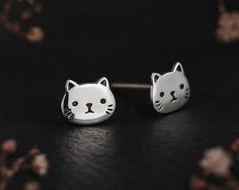 Sterling Silver Cat Face Stud Earrings