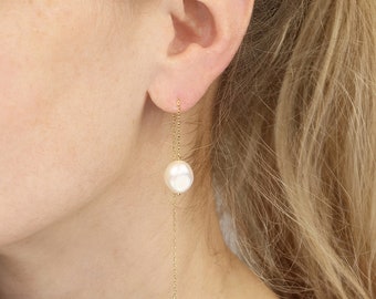 18ct Gold Plated White Pearl Threader Earrings