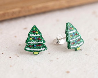 Large Glitter Christmas Tree Stud Earrings With Sterling Silver Plating