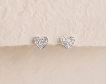 Personalised Tiny Sparkling Beaded Heart Stud Earrings In Sterling Silver