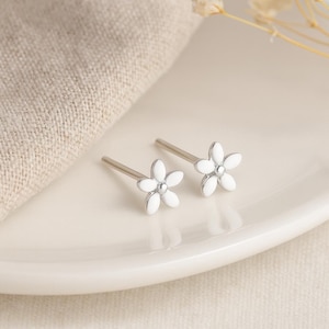 Sterling Silver Daisy Stud Earrings: White Enamel Flower, Hypoallergenic