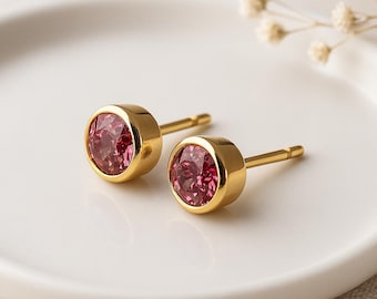 Pink Tourmaline Stud Earrings • 18ct Gold-Plated Sterling Silver • October Birthstone Gift • Pink CZ Studs • Gold Jewellery for Her •