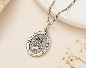 St Christopher Medal • Sterling Silver Oval Pendant • "Protect Us" • Personalised Gift for Him • Travel Protection Charm Necklace