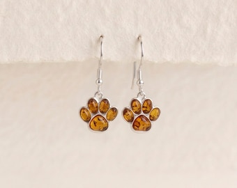 Baltic Amber Paw Print Drop Earrings in Sterling Silver