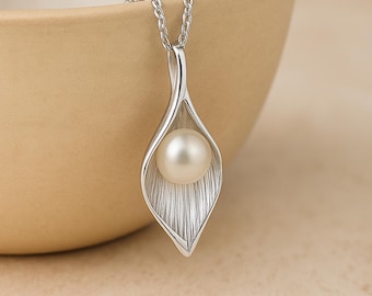 Personalised Molten Sterling Silver Calla Lily Necklace with Freshwater Pearl