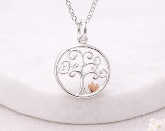 Personalised Sterling Silver And Rose Gold Tree Of Life Heart Pendant Necklace