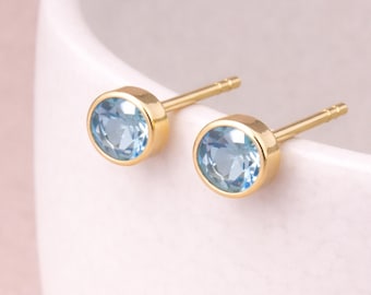 Gold Plated Sterling Silver March Aquamarine Birthstone Stud Earrings – 7mm