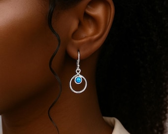 Molten Silver Opal Earrings • Blue Opal Drop Earrings in Sterling Silver • Organic Circle Dangles • October Birthstone Gift for Her •