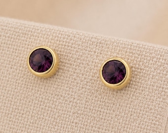 7mm Gold Plated Sterling Silver February Birthstone Stud Earrings