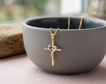Personalised Heart Cross Pendant In Solid 9ct Mixed Gold