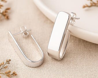 Chunky Sterling Silver Open Rectangle Hoop Earrings