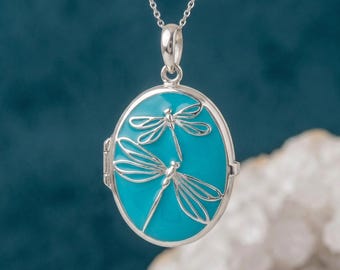 Personalised Blue Dragonfly Photo Locket Necklace in Sterling Silver