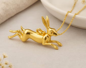 Running Hare Pendant • 18ct Gold-Plated Sterling Silver Necklace • Personalised Wildlife Charm • Symbolic Animal Jewellery Gift