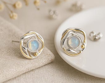 Moonstone Stud Earrings • Molten Sterling Silver June Birthstone • Organic Mixed Metal Earrings • Gift for Her •