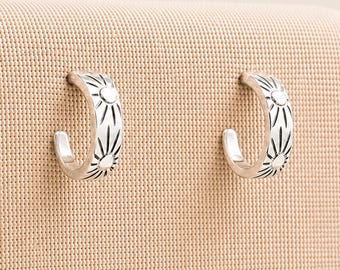 Small Sterling Silver Sunbeam Hoop Earrings: Oxidized Celestial Jewelry