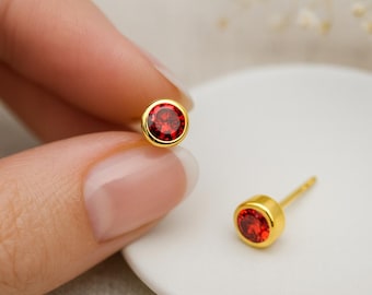 18ct Gold Plated Sterling Silver Garnet Stud Earrings: January Birthstone Gift, 7mm