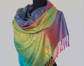 Rainbow Pashmina Scarf Elephant Print Shawl Boho Scarf Big Colorful Ombre Scarf Oversized Wedding Shawl Wrap Multicolor Scarf Folk Scarf