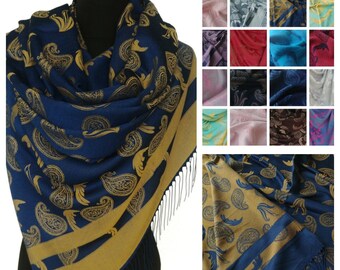 Navy Blue Gold Shawl Paisley Scarf Paisley Reversible Shawl Boho Oversized Wedding Wrap Pashmina Shawls Gypsy Navy and Gold Turkish Shawl