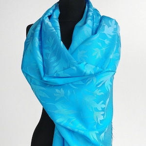 Light Blue Silky Scarf Lightweight light Blue Wrap Light Blue Pashmina Light Blue Leaf Print Shawl Blue Scarf Boho Shawl Bohemian Wrap