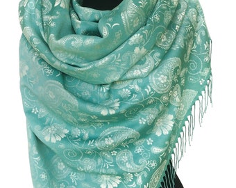 Reversible Mint Green Paisley Shawl Pashmina Scarf Boho Oversized Shawl Festival Rave Wrap Turkish Scarf Ottoman Wedding Guest Shawl Bridal