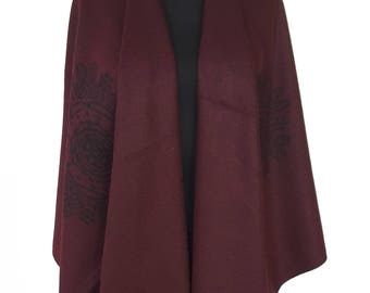 Dark Burgundy Poncho Red Double Sided Burgundy Blanket Wrap Shawl Burgundy Cape Tribal Outerwear Women Coat Aztec Poncho Plaid Boho
