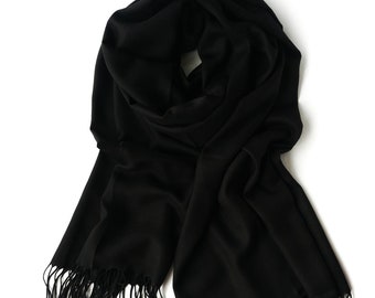 Écharpe pashmina unisexe noir de jais, châle noir, écharpe noire, cadeau pour demoiselles d'honneur, châle de mariage, demoiselle d'honneur