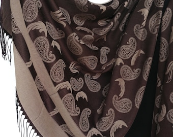 Double Sided Paisley Viscose Scarf, Silky Soft Brown Beige Shawl, Elegant Turkish Pashmina Wrap
