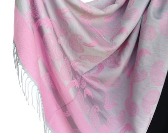 Scialle in pashmina rosa con motivo paisley, sciarpa rosa chiaro con motivo paisley, scialle oversize grigio boho per invitati a nozze, coprispalle grigio boho, sciarpa turca