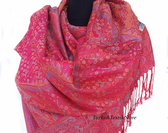 Red Paisley Viscose Pashmina Shawl, Bohemian Floral Turkish Scarf, Silk Soft Magenta Elegant Women Wedding Wrap