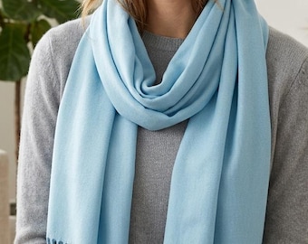 Chal de pashmina azul claro de algodón turco, chal suave azul bebé, bufanda para bodas de noche.