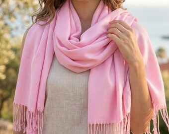 Bufanda de pashmina rosa claro, chal de algodón suave color rubor, chal liso rosa bebé con flecos, regalo para damas de honor e invitadas a bodas.