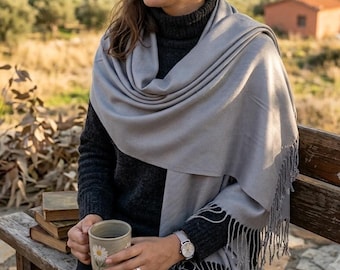 Silver Gray Pashmina Shawl, Solid Metallic Grey Evening Wrap, Wedding Guest Cover Up