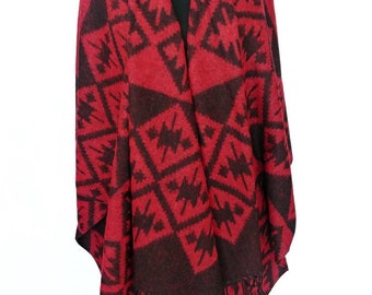 Red Poncho Reversible Red Blanket Shawl Wrap Cape Red Tribal Outerwear Red Women Coat Aztec Poncho Red Plaid Shawl Boho
