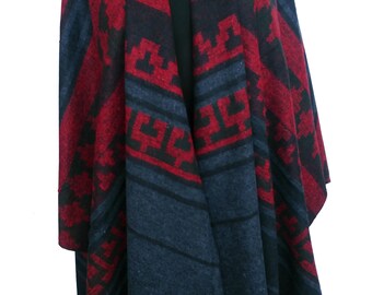 Red Aztec Poncho Reversible Red Blanket Shawl Red Wrap Plus Size Cape Red Tribal Outerwear Red Women Coat Red Plaid Shawl Boho