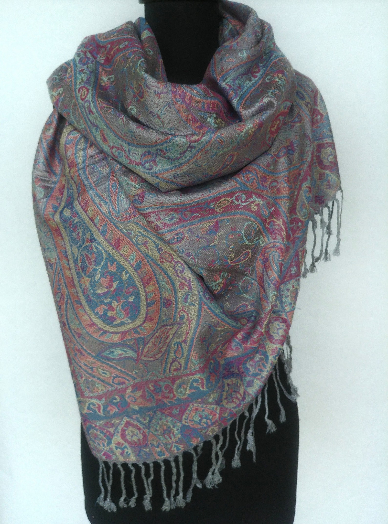Paisley Gray Pashmina Scarf Ethnic Print Scarf Big Gray Scarf Oversize