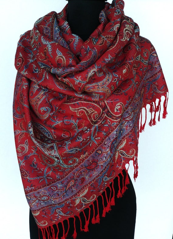 Red Pashmina Scarf Paisley Pattern Big Pashmina Scarf Etsy