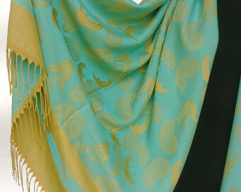Chal reversible de viscosa y seda, bufanda pashmina con estampado paisley turquesa y dorado, chal de lujo con flecos verde menta, regalo para ella.